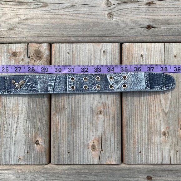 Vintage Y2K Denim Embossed Leather Silver Eagles Belt New - Picture 11 of 14